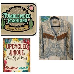 Vintage Blue Jean Jacket . Brown fringe and western fabric panel
